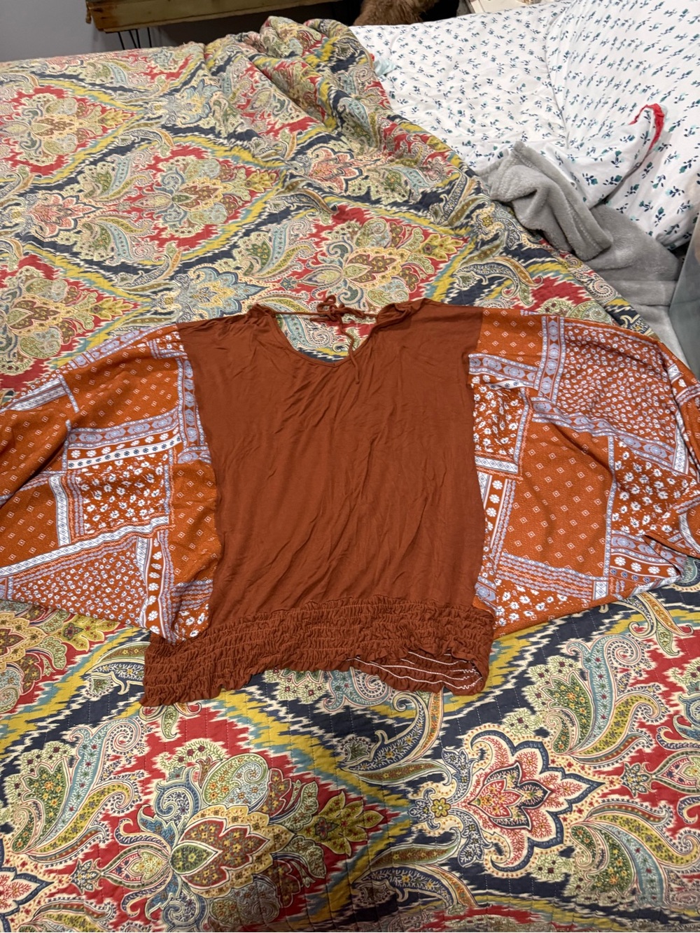 Chic Soul Rust Orange Mixed-Print Peasant Top